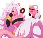  &lt;3 2018 alien android_21 big_breasts breasts clothing doughnut dragon_ball dragon_ball_fighterz dragon_ball_z duo ear_piercing female food hair hi_res kid_buu long_hair looking_at_viewer majin majin_android_21 male not_furry piercing pointy_ears red_eyes simple_background sssonic2 white_background white_hair 