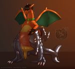  2016 3_toes anthro arcticfrigidfrostfox balls brown_hair charizard claws clothed clothing collar digital_drawing_(artwork) digital_media_(artwork) dragon english_text furry_character_wearing_fursuit fursuit garchomp green_collar hair infycharmander_(character) japanese_text male nintendo penis pok&eacute;mon pok&eacute;mon_(species) rubber scalie shiny simple_background smile solo sound_effects text toe_claws toes video_games wings 
