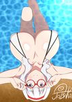  absurdres bikini breasts cleavage collarbone covered_nipples glasses hairband highres huge_breasts idolmaster idolmaster_(classic) jabara_tornado long_hair looking_at_viewer pool purple_eyes shijou_takane smile solo swimsuit white_bikini 