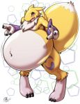  3_fingers 3_toes armwear belly big_belly black_sclera blush bridal_gauntlets clothing digimon female hi_res hyper inflation living_inflatable milkybody renamon simple_background toes white_background 