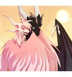  digital_media_(artwork) dragon duo eyes_closed feathered_dragon feathered_wings feathers feral hair heterochromia membranous_wings pink_feathers pink_hair scalie smile spines western_dragon wings wrappedvi 