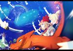  :d beanie blonde_hair blue_eyes charizard flying gen_1_pokemon gen_3_pokemon hat island letterboxed lighthouse lillie_(pokemon) mizuki_(pokemon) multiple_girls open_mouth pokemon pokemon_(creature) pokemon_(game) pokemon_sm rainbow shamonabe shirt short_sleeves sideways_mouth smile wailord white_shirt wingull 