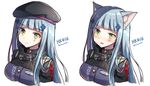  animal_ears bangs beret black_hat black_jacket blue_hair blush breasts cat_ears closed_mouth eyebrows_visible_through_hair facial_mark girls_frontline green_eyes hair_ornament hat hk416_(girls_frontline) jacket kemonomimi_mode long_hair looking_at_viewer mauve medium_breasts multiple_views parted_lips simple_background twitter_username very_long_hair white_background 
