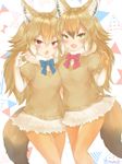  african_golden_wolf_(kemono_friends) animal_ears artist_name blush bow bowtie claw_pose fang fur_trim gloves golden_jackal_(kemono_friends) green_eyes jackal_ears jackal_tail kemono_friends long_hair multicolored_hair multiple_girls o_hamachi open_mouth orange_hair red_eyes short_sleeve_sweater simple_background sweater tail two-tone_hair white_background white_hair wolf_ears wolf_tail 