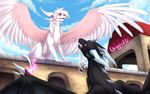  day detailed_background digital_media_(artwork) dragon duo feathered_dragon feathered_wings feathers female feral horn male membranous_wings outside red_eyes scalie spines western_dragon wings wrappedvi 