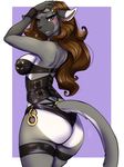  anthro black_nose blush breasts brown_hair butt clothed clothing corset eyelashes feline female firetally garter hair lingerie long_hair looking_at_viewer looking_back mammal side_boob solo standing 