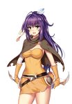  1girl ascendant_hearts belt blush breasts cape cleavage cowboy_shot dress eyebrows eyebrows_visible_through_hair feather game_cg gloves green_eyes happy highres holding knife large_breasts legs long_hair looking_at_viewer open_mouth original purple_hair simple_background smile solo standing thighs transparent_background yellow_dress yellow_eyes 