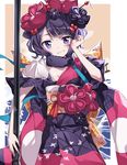  black_hair black_kimono blue_eyes breasts calligraphy_brush cleavage commentary_request fate/grand_order fate_(series) flower flower_knot fur_collar giant_brush hair_flower hair_ornament hairpin hand_up ink_on_face japanese_clothes kanzashi katsushika_hokusai_(fate/grand_order) kimono looking_at_viewer obi paintbrush sash short_hair solo tassel tsuedzu 