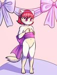  2016 anthro breasts cat cub drychicken feline female flat_chested fur hair hairband mammal multicolored_fur navel nipples nude presenting presenting_pussy pussy red_hair ribbons signature simple_background small_breasts solo two_tone_fur white_fur young 