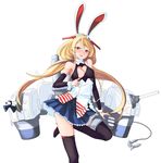  animal_ears ankle_cuffs arm_at_side armpits azur_lane bangs bare_shoulders benson_(azur_lane) black_legwear black_shirt blonde_hair blue_skirt bow breasts bunny_ears buttons cleavage cleavage_cutout commentary_request detached_sleeves eyebrows eyebrows_visible_through_hair fake_animal_ears full_body hair_between_eyes hair_ornament hairband heart heart_cutout highres leg_up long_hair long_sleeves low_twintails machinery miniskirt nipple_slip nipples orange_eyes over-kneehighs platform_footwear pleated_skirt sate shiny shiny_hair shirt sidelocks simple_background skirt sleeveless sleeveless_shirt small_breasts smile solo standing standing_on_one_leg star star_print striped striped_clothes thigh_strap thighhighs tongue tongue_out torpedo turret turtleneck twintails underbust white_background white_hairband wrist_cuffs zettai_ryouiki 