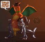  2016 3_toes anthro arcticfrigidfrostfox balls brown_hair charizard claws clothed clothing collar dialogue digital_drawing_(artwork) digital_media_(artwork) dragon english_text furry_character_wearing_fursuit fursuit garchomp green_collar hair infycharmander_(character) japanese_text male nintendo penis pok&eacute;mon pok&eacute;mon_(species) rubber scalie shiny simple_background smile solo sound_effects speech_bubble text toe_claws toes video_games wings 