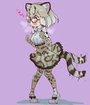  afterimage animal_ears blush bow breath cat_ears commentary_request drooling eyebrows_visible_through_hair fang glasses heart highres kemono_friends margay_(kemono_friends) margay_print pigeon-toed saliva skirt solo tail_wagging teranekosu thighhighs tiptoes 