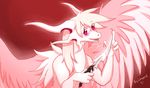  4_fingers digital_media_(artwork) dragon feathered_dragon feathers hair holding_object holding_weapon horn pink_hair purple_eyes red_background simple_background solo weapon wrappedvi 