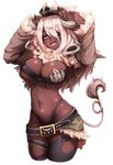  :d animal_ears barbariank belt breasts commentary cowboy_shot cropped_legs dark_skin detached_sleeves eyebrows_visible_through_hair eyepatch fangs fur-trimmed_sleeves fur_trim hair_over_one_eye hands_up high_orc_(monster_girl_encyclopedia) highres large_breasts long_hair looking_at_viewer monster_girl monster_girl_encyclopedia navel open_mouth sharp_teeth smile solo tail tail_raised teeth yellow_eyes 