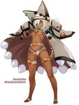  bangs belt beltbra black_hat breasts brown_cape buckle cape character_name clover colored_eyelashes dark_skin four-leaf_clover full_body groin guilty_gear guilty_gear_xrd hair_between_eyes hand_up hat highres karukan_(monjya) legs_apart looking_at_viewer medium_breasts medium_hair nail_polish navel orange_eyes parted_lips pauldrons ramlethal_valentine ribbon serious shadow shiny shiny_skin short_shorts shorts simple_background solo standing stomach teeth thigh_strap toenail_polish underboob white_background white_belt white_cape white_hair white_hat white_nails white_shorts wrist_ribbon 