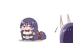  2girls absurdly_long_hair absurdres alpha_transparency black_legwear blush bodysuit chibi closed_mouth commentary commentary_request facing_away fate/grand_order fate_(series) frown highres holding horns jitome legs_apart long_hair looking_at_another looking_at_viewer minamoto_no_raikou_(fate/grand_order) multiple_girls neck_ribbon oni purple_eyes purple_hair red_neckwear red_ribbon rei_(rei_rr) ribbon shuten_douji_(fate/grand_order) solo_focus stand_(jojo) thighhighs thumbnail_surprise very_long_hair when_you_see_it white_background 