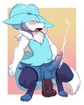  2018 alternate_color anal anthro balls blue_fur blush braixen clothing crouching cum cum_while_penetrated cumshot dildo dildo_sitting ejaculation eyes_closed fan_character fur lavenderpandy legwear male mane masturbation nintendo open_mouth orgasm penetration penis pok&eacute;mon pok&eacute;mon_(species) ribbons roflfox sex_toy simple_background solo thigh_highs tongue video_games white_fur 