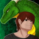  auburn_hair clothing dragon green_background green_scales high-rez horn human icy-marth looking_at_viewer looking_up male mammal scales simple_background white_outline yellow_scales 