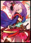  ahoge ass black_legwear blue_eyes bright_pupils cowboy_shot detached_sleeves earrings eyebrows_visible_through_hair fate/grand_order fate_(series) fire from_behind hair_intakes hair_ornament highres japanese_clothes jewelry katana leaf long_sleeves looking_back maple_leaf miyamoto_musashi_(fate/grand_order) obi open_mouth pink_hair ponytail sash sidelocks simple_background skirt smile solo sword thighhighs weapon wide_sleeves yangsion 