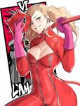  absurdres aqua_eyes bodysuit breasts cat_mask cleavage cowboy_shot gloves hair_ornament hairclip highres long_hair looking_at_viewer mask mask_removed medium_breasts persona persona_5 pink_gloves red_bodysuit smirk solo takamaki_anne twintails whip zelus zipper 