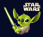  2009 4_fingers alien black_eyes blue_background claws clothed clothing crossover digital_media_(artwork) disney experiment_(species) fur green_claws green_fur green_nose head_tuft holding_object holding_weapon lightsaber lilo_and_stitch logo notched_ear open_mouth robe simple_background star_wars stitch tuft weapon yoda yushimura 