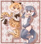  animal_ears bow commentary fang fingerless_gloves fur_collar gloves hair_bow highres jaguar_(kemono_friends) jaguar_ears jaguar_print jaguar_tail kemono_friends kolshica multicolored_hair multiple_girls one-piece_swimsuit otter_ears otter_tail patterned_background paw_pose small-clawed_otter_(kemono_friends) swimsuit tail thighhighs toeless_legwear 