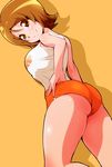  ass bare_shoulders breasts brown_eyes brown_hair clothes_writing employee_uniform hand_on_hip happinesscharge_precure! highres hooters large_breasts looking_at_viewer looking_back no_legwear oomori_yuuko orange_shorts precure ryuuta_(cure_ryuuta) shirt short_hair short_shorts shorts smile solo tank_top thighs uniform white_shirt yellow_background 