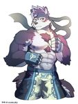  2018 abs anthro biceps canine clothed clothing digital_media_(artwork) fur gloves headband hi_res horkeukamui kemono male mammal multicolored_fur muscular muscular_male nipples pants pecs simple_background solo tokyo_afterschool_summoners topless white_fur wolf wolfmalro yellow_eyes 