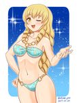  ;d bangs bikini blonde_hair blush breasts drill_hair eyebrows_visible_through_hair hand_on_hip large_breasts long_hair looking_at_viewer navel noel-jaune_beart one_eye_closed open_mouth school_girl_strikers shimeta_hiromitsu smile solo star stomach swimsuit yellow_eyes 