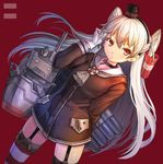  amatsukaze_(kantai_collection) arm_behind_back bangs black_choker black_hairband black_hat blush brown_neckwear brown_shirt buttons choker eyebrows_visible_through_hair garter_straps gloves hair_tubes hairband hand_up hat kantai_collection legs_apart long_hair long_sleeves looking_at_viewer mini_hat neckerchief no_pants parted_lips red_background red_eyes rensouhou-kun school_uniform serafuku shiny shiny_skin shirt silver_hair simple_background standing standing_on_one_leg thighhighs torpedo_tubes turret two_side_up umipro v-shaped_eyebrows very_long_hair white_gloves zettai_ryouiki 