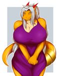 2018 aisyah_zaskia_harnny anthro big_breasts breasts cleavage clothed clothing digital_media_(artwork) dragon female harnny horn looking_at_viewer scalie solo thick_thighs 