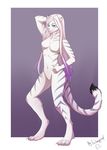 anthro blue_eyes breasts digital_media_(artwork) digitigrade featureless_breasts featureless_crotch feline female hair hand_behind_head looking_at_viewer mammal navel pink_nose simple_background smile solo standing tiger white_hair wrappedvi 