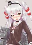  amatsukaze_(kantai_collection) bangs black_choker black_hairband blush brown_eyes brown_shirt buttons choker collarbone eyebrows_visible_through_hair gears grey_background grey_neckwear hair_ribbon hair_tubes hairband hat heart highres kantai_collection kurobane_(fukurou15) lifebuoy long_hair long_sleeves machinery mini_hat neckerchief nose_blush open_mouth rensouhou-kun ribbon school_uniform serafuku shirt silver_hair simple_background smoke striped turret two_side_up upper_body white_ribbon windsock 