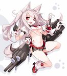  animal animal_ears azur_lane bangs belt belt_buckle black_skirt blue_nails braid breasts buckle collar crop_top dog eyebrows_visible_through_hair fang fangs fingerless_gloves floating_hair full_body gloves grey_hair hair_ornament hands_up heart highres karukan_(monjya) leg_warmers long_hair looking_at_viewer medium_breasts microskirt nail_polish navel neck_ribbon open_mouth paw_background paw_print pink_nails pleated_skirt red_belt red_eyes red_footwear red_gloves red_ribbon ribbon shadow shiny shiny_hair shirt shoes short_eyebrows short_sleeves side_braid side_slit sidelocks skirt slit_pupils solo stomach stomach_tattoo tail tattoo tsurime turret two_side_up underboob white_background white_shirt wolf_ears wolf_tail yuudachi_(azur_lane) 
