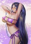  armpits arms_up bare_shoulders bikini blush breasts cleavage collar covered_nipples curvy eyepatch_bikini fate/grand_order fate_(series) fingernails highres huge_breasts lieqi_hun lips long_fingernails long_hair looking_at_viewer minamoto_no_raikou_(fate/grand_order) minamoto_no_raikou_(swimsuit_lancer)_(fate) nail_polish naughty_face navel parted_lips purple_bikini purple_eyes purple_hair purple_nails side-tie_bikini smile solo swimsuit thick_thighs thighs underboob very_long_hair 