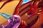  digital_media_(artwork) dragon duo female feral hair horn male membranous_wings open_mouth pink_hair red_eyes teeth tongue wings wrappedvi 
