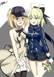  2girls absurdres ahoge anger_vein artoria_pendragon_(all) bare_shoulders baseball_cap black_bow black_legwear blue_eyes blue_jacket blush bow breasts cleavage commentary_request cosplay costume_switch detached_collar detached_sleeves dress excalibur eyebrows_visible_through_hair fate/grand_order fate/stay_night fate_(series) gloves green_eyes hair_between_eyes hair_bow hair_through_headwear hat highres holding holding_sword holding_weapon jacket long_hair looking_at_viewer medium_breasts multiple_girls mysterious_heroine_x mysterious_heroine_x_(cosplay) nose_blush open_mouth ponytail ryle saber_lily saber_lily_(cosplay) scarf short_shorts shorts sparkle sword track_jacket weapon white_dress white_gloves 
