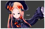  abigail_williams_(fate/grand_order) akatone bangs black_bow black_dress black_hat blonde_hair blue_eyes blush bow character_name commentary_request dress fate/grand_order fate_(series) forehead grey_background hair_bow hand_up hat highres long_hair long_sleeves looking_at_viewer orange_bow parted_bangs parted_lips polka_dot polka_dot_bow simple_background sleeves_past_fingers sleeves_past_wrists solo very_long_hair 