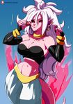  android_21 arm_warmers baggy_pants bandeau black_nails black_sclera bracelet breasts cleavage commentary cream dragon_ball dragon_ball_fighterz ear_piercing earrings food harem_pants hoop_earrings jewelry large_breasts long_hair looking_at_viewer majin_android_21 morganagod nail_polish navel pants patreon_username piercing pink_skin pointy_ears smile solo stomach tail white_hair 