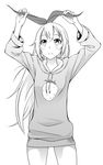  :&lt; adjusting_hair_ornament blush cowboy_shot greyscale hairband hood hoodie iron_well_comic kirisaki_chitoge long_hair long_sleeves monochrome nisekoi simple_background solo very_long_hair 