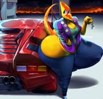  2018 big_butt breasts butt car clothing dinosaur female hi_res huge_butt hyper keys orange_scales pera pteranodon scales thick_thighs vehicle vhsdaii voluptuous wide_hips yellow_scales 