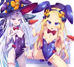  abigail_williams_(fate/grand_order) animal_ears bangs bare_shoulders black_bow black_hat blonde_hair blue_eyes blush bow bowtie breasts bunny_ears bunny_girl bunny_tail bunnysuit carrot covered_navel detached_collar dual_persona fake_animal_ears fate/grand_order fate_(series) food hair_bow hat holding holding_food holding_vegetable leg_garter leotard long_hair looking_at_viewer multiple_girls open_mouth orange_bow parted_bangs polka_dot polka_dot_bow red_eyes sexually_suggestive sharp_teeth silver_hair small_breasts smile spread_legs squatting strapless strapless_leotard tail teeth toraishi_666 very_long_hair witch_hat wrist_cuffs 