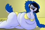  093 anthro avian belly big_belly big_breasts big_butt bikini bird black_hair blue_feathers blue_jay breasts butt clothed clothing corvid feathers female hair huge_butt morbidly_obese obese orange_eyes overweight overweight_female swimsuit white_feathers 