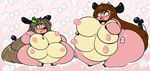  2014 :o anthro apple_(character) belly big_belly big_breasts big_butt big_nipples blush bovine breast_grab breasts brown_hair butt cattle collar cowbell darkelfaqua duo female food fruit green_eyes hair hand_on_breast hooves horn huge_breasts long_hair mammal miltank multi_breast navel nilla nintendo nipples obese open_mouth overweight pink_nipples pok&eacute;mon pok&eacute;mon_(species) size_difference smile tehbuttercookie vanillapaw video_games wide_hips yellow_eyes 