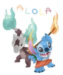  2017 4_fingers 4_toes alien alolan_marowak black_eyes blue_claws blue_fire blue_fur blue_nose bone bracelet brown_eyes brown_skin chest_tuft claws clothed clothing disney duo experiment_(species) fire fur head_tuft holding_object jewelry lilo_and_stitch looking_aside looking_at_another looking_at_viewer nintendo nonta_(pixiv_3813893) notched_ear nude open_mouth open_smile pok&eacute;mon pok&eacute;mon_(species) regional_variant simple_background smile stitch toes topless tuft video_games white_background 