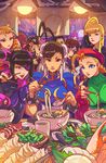  black_hair blonde_hair bowl brown_hair bun_cover cammy_white cellphone chun-li commentary crimson_viper drill_hair eating edwin_huang elena_(street_fighter) eyepatch final_fight fingerless_gloves food gloves han_juri headband highres ibuki_(street_fighter) juni kanzuki_karin kasugano_sakura kolin laura_matsuda menat multiple_girls noodles phone poison_(final_fight) rainbow_mika ramen smartphone street_fighter street_fighter_iii_(series) street_fighter_iv_(series) street_fighter_v street_fighter_zero_(series) tongue tongue_out twin_drills udon_entertainment 