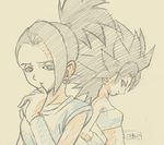  2girls black_eyes black_hair caulifla color_trace downscaled dragon_ball dragon_ball_super earrings frown graphite_(medium) hand_on_hip hand_on_own_chin jewelry kale_(dragon_ball) md5_mismatch multiple_girls oono_tsutomu_(animator) ponytail resized signature simple_background smile spiked_hair tank_top tied_hair traditional_media wristband 