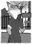  2018 anthro canine cellphone clothed clothing dialogue disney english_text eyewear fox gloves_(marking) greyscale hand_in_pocket holding_object holding_phone male mammal markings monochrome necktie nick_wilde outside phone smile solo sunglasses text thewyvernsweaver tree zootopia 