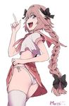  2018 :d artist_name ass astolfo_(fate) bangs black_bow bow braid dated eyebrows_visible_through_hair fang fate/apocrypha fate/grand_order fate_(series) flat_ass from_behind hair_bow hair_intakes highres lifted_by_self long_braid long_hair looking_at_viewer looking_back male_focus midriff miniskirt mozzi multicolored_hair open_mouth otoko_no_ko panties pink_hair pleated_skirt purple_eyes red_sailor_collar red_skirt sailor_collar side-tie_panties simple_background single_braid skirt skirt_lift smile streaked_hair thighhighs underwear very_long_hair white_background white_legwear white_panties 
