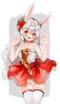  animal_ears arms_up bare_shoulders blush bunny_ears claw_pose commission dole_(lo628) fang highres long_hair open_mouth original red_eyes red_skirt ribbon silver_hair skirt smile solo strapless thighhighs tubetop white_legwear white_tubetop zettai_ryouiki 